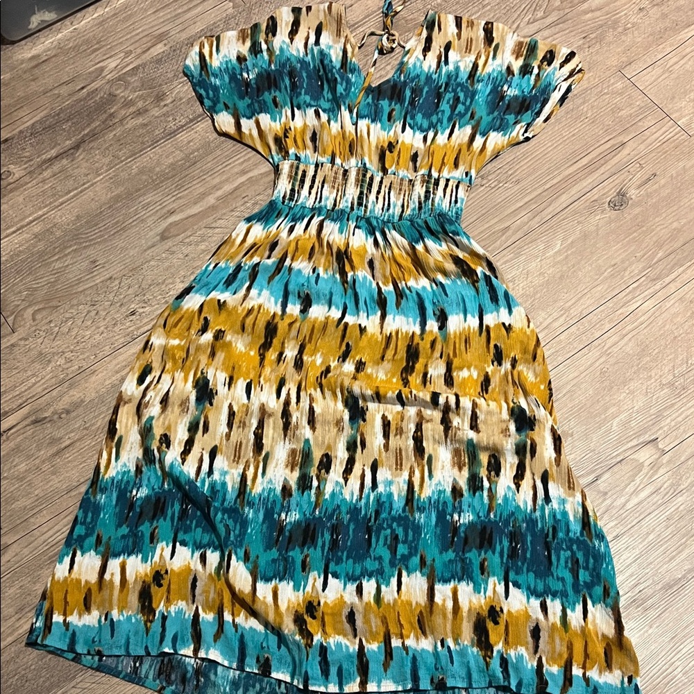 BeBop Teal, Mustard & Cream Strapless Summer Dress